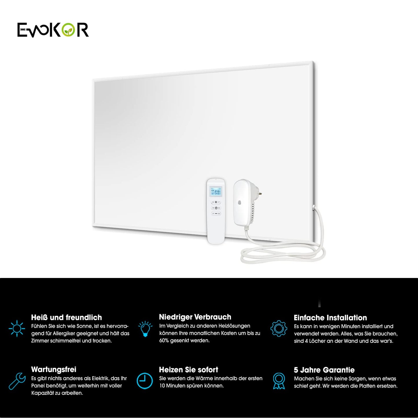 Infrarotheizung mit WiFi-Thermostat und Fernbedienung Zur Wandmontage
